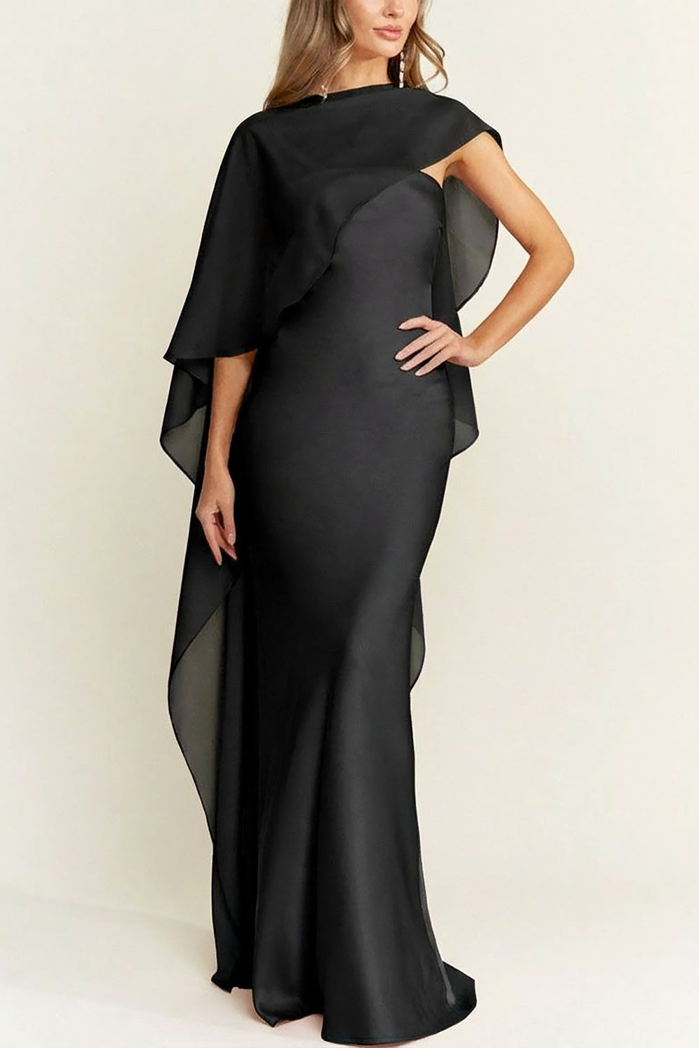 woman wearing Cathleen Black Fitted Strapless Satin Maxi Dress from Boutique 1861