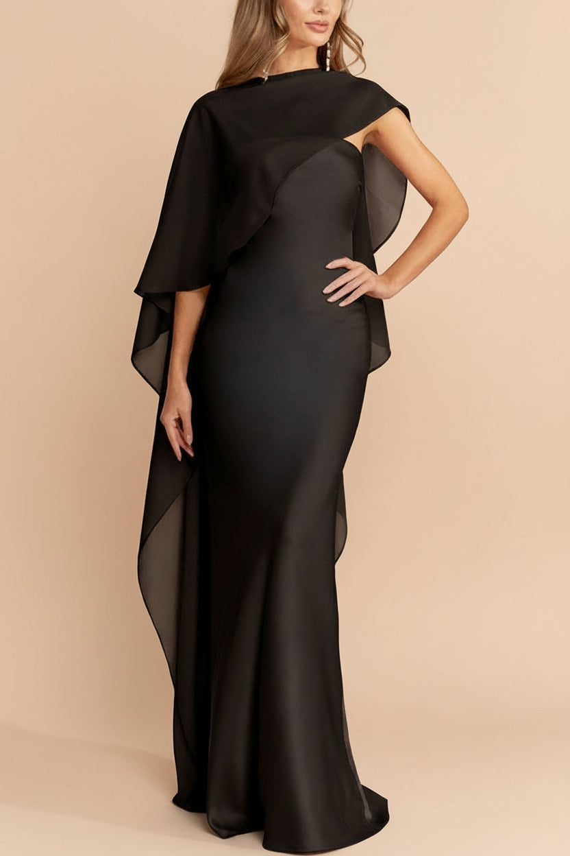 woman wearing Cathleen Black Fitted Strapless Satin Maxi Dress from Boutique 1861
