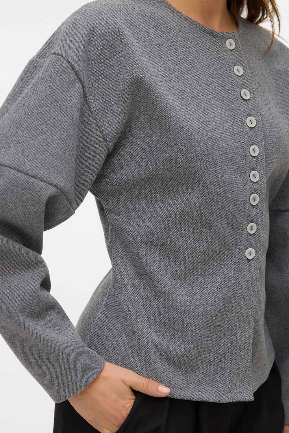 Ceduna Grey Button-Up Flared Cardigan | La petite garçonne close-up model