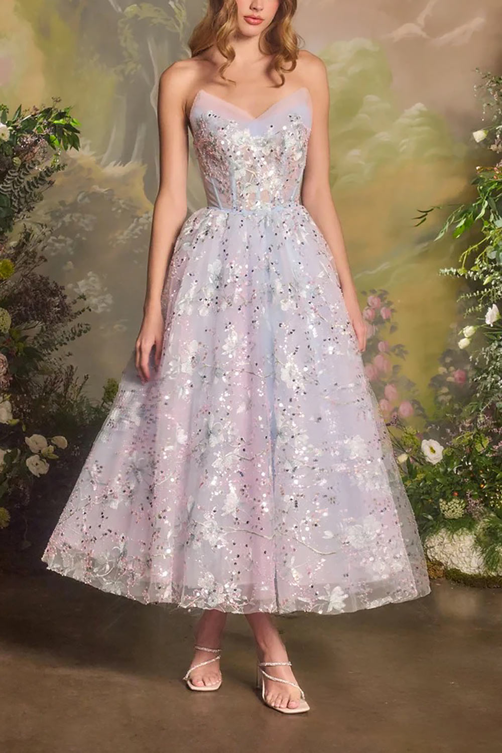 front of a woman wearing Charla Light Blue Midi Corset Dress from Boutique 1861