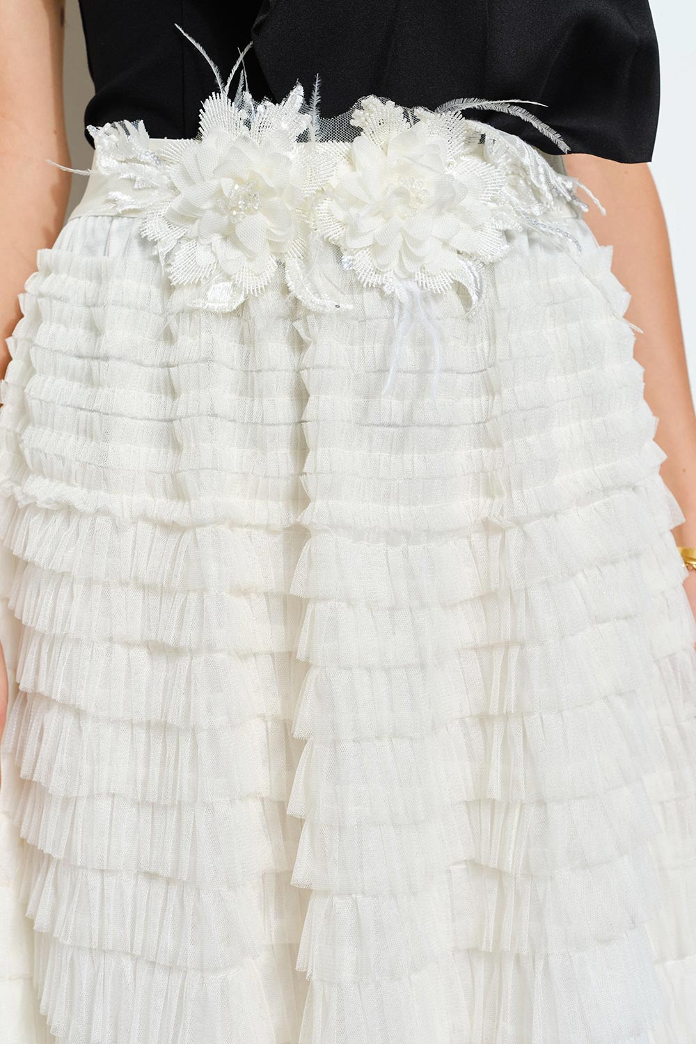 Christabel Ivory Ruffled Maxi Skirt with 3D Flowers | Boutique 1861 details