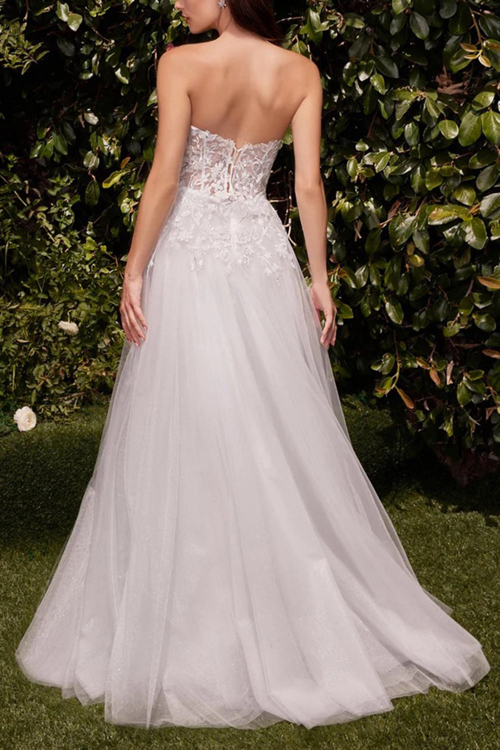 back of a woman wearing Clarissa Strapless Corset Bridal Dress from Boudoir 1861