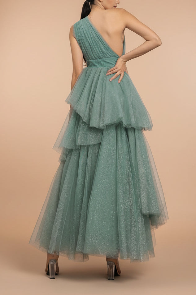 back of a woman wearing Cody Teal Maxi One Shoulder Dress with Glitters from  Boutique 1861