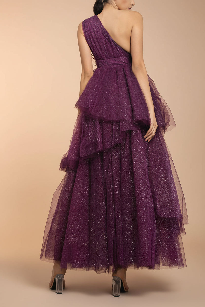 back of a woman wearing Cody Purple Maxi One Shoulder Dress with Glitters from Boutique 1861