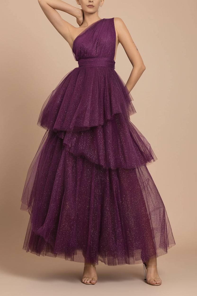 a woman wearing Cody Purple Maxi One Shoulder Dress with Glitters from Boutique 1861