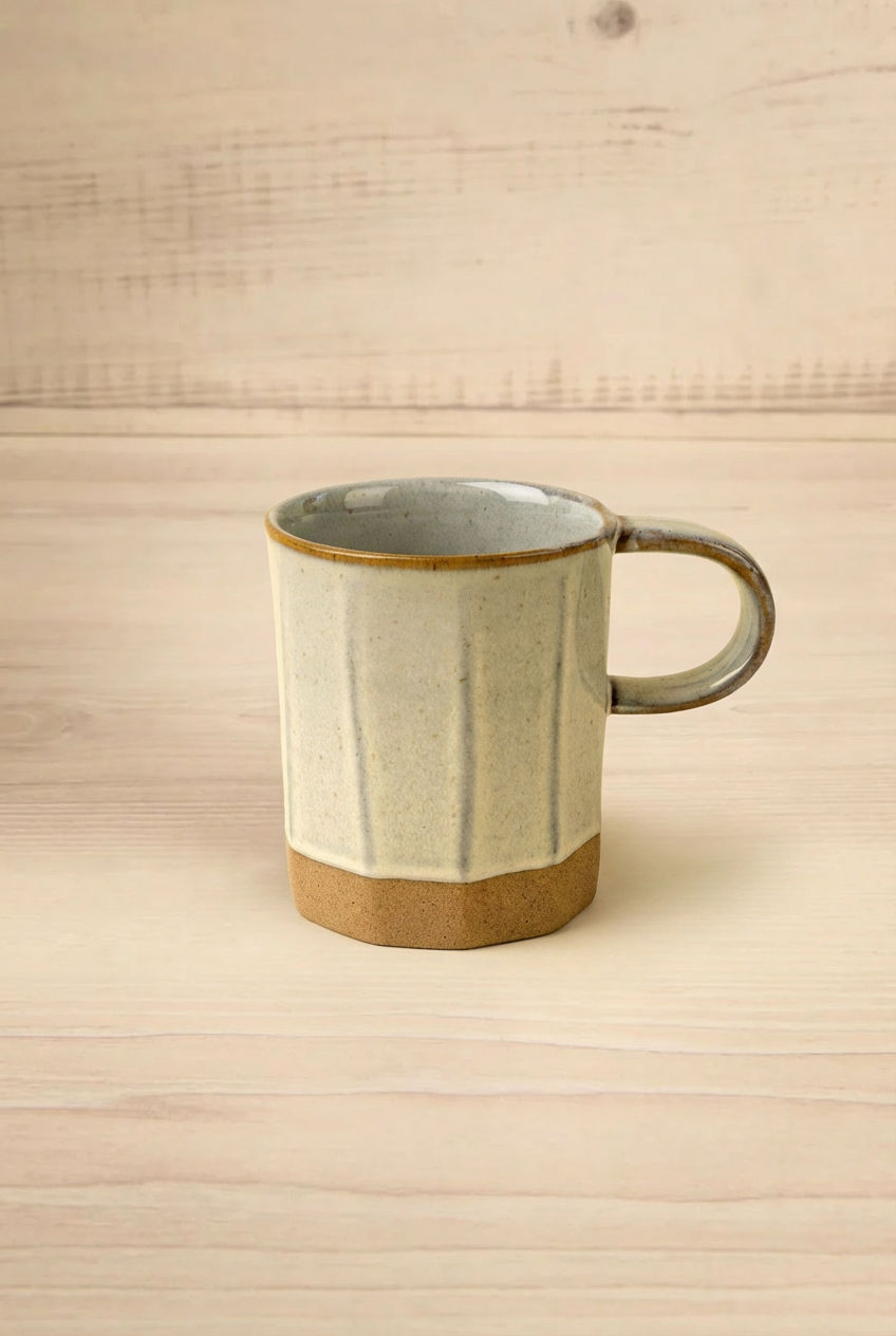 Ceramic mug with a striped design on a wooden surface