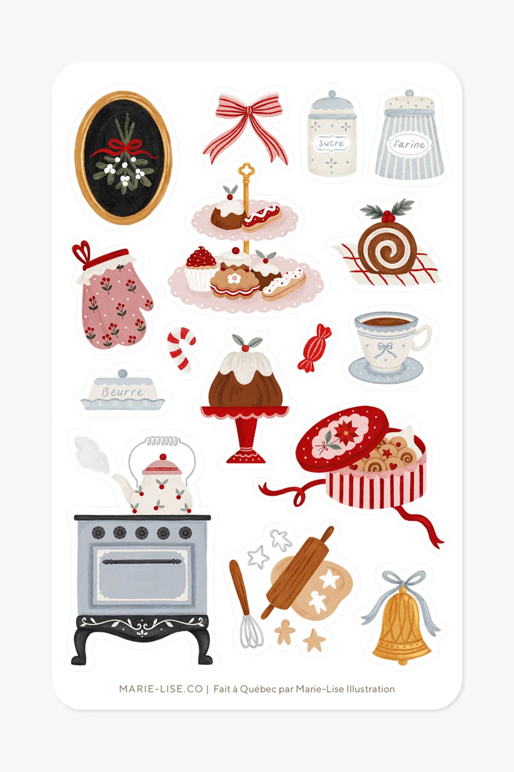 Sheet of decorative stickers featuring christmas kitchen-themed from Marie-Lise illustration