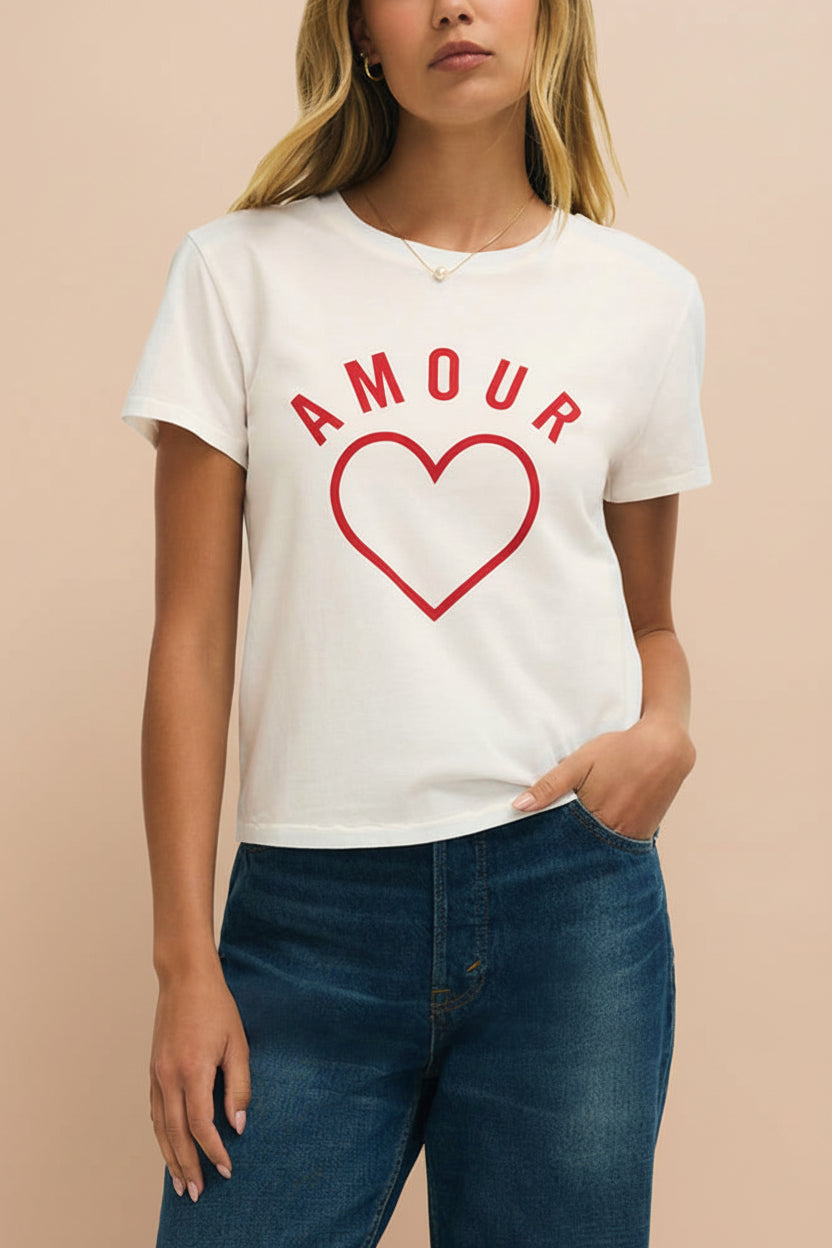 front close-up of a woman wearing Cupids White T-Shirt with Red Heart Motif from La petite garçonne 