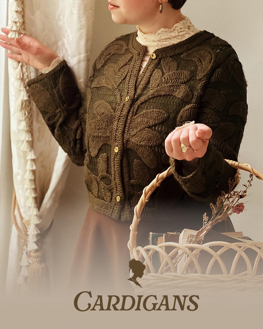 Woman wearing a textured khaki green knit cardigan