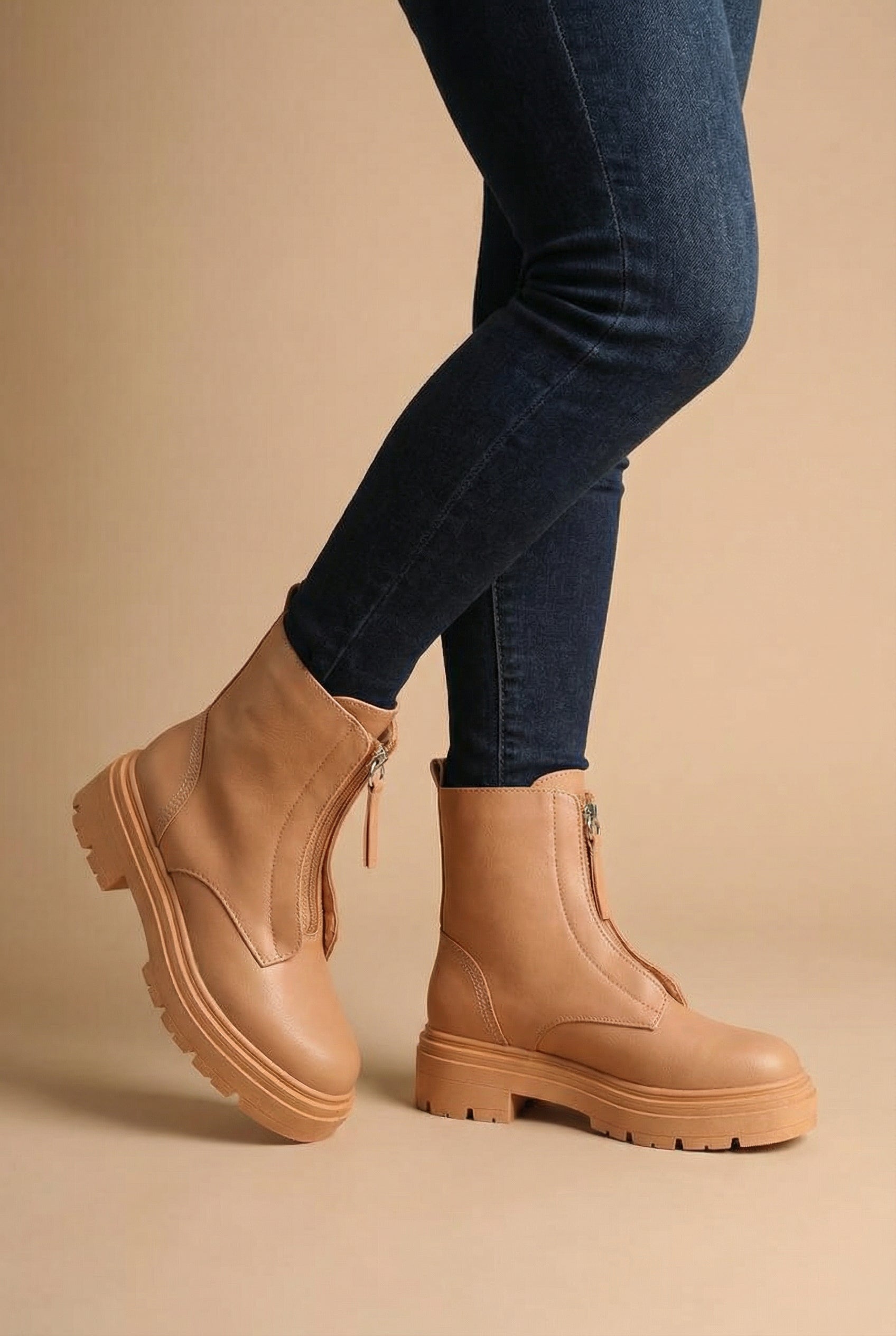 woman wearing Celeriter Beige Faux-Leather Platform Boots from La petite garçonne 