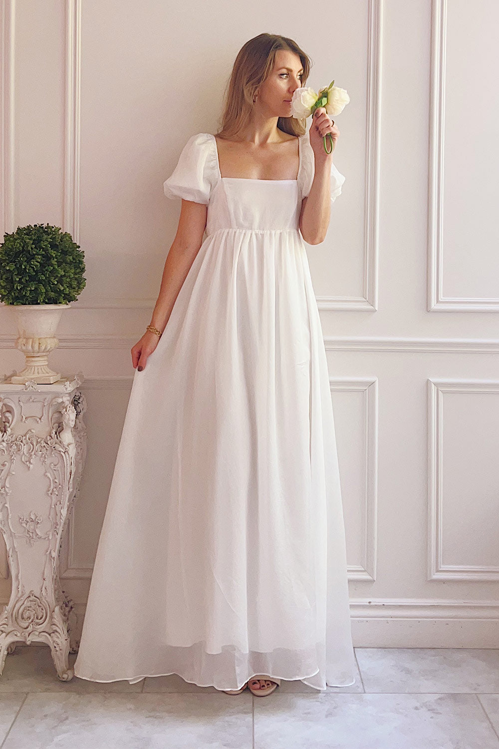 Chrissy White Maxi Dress w/ Empire Waist | Boudoir 1861  on model