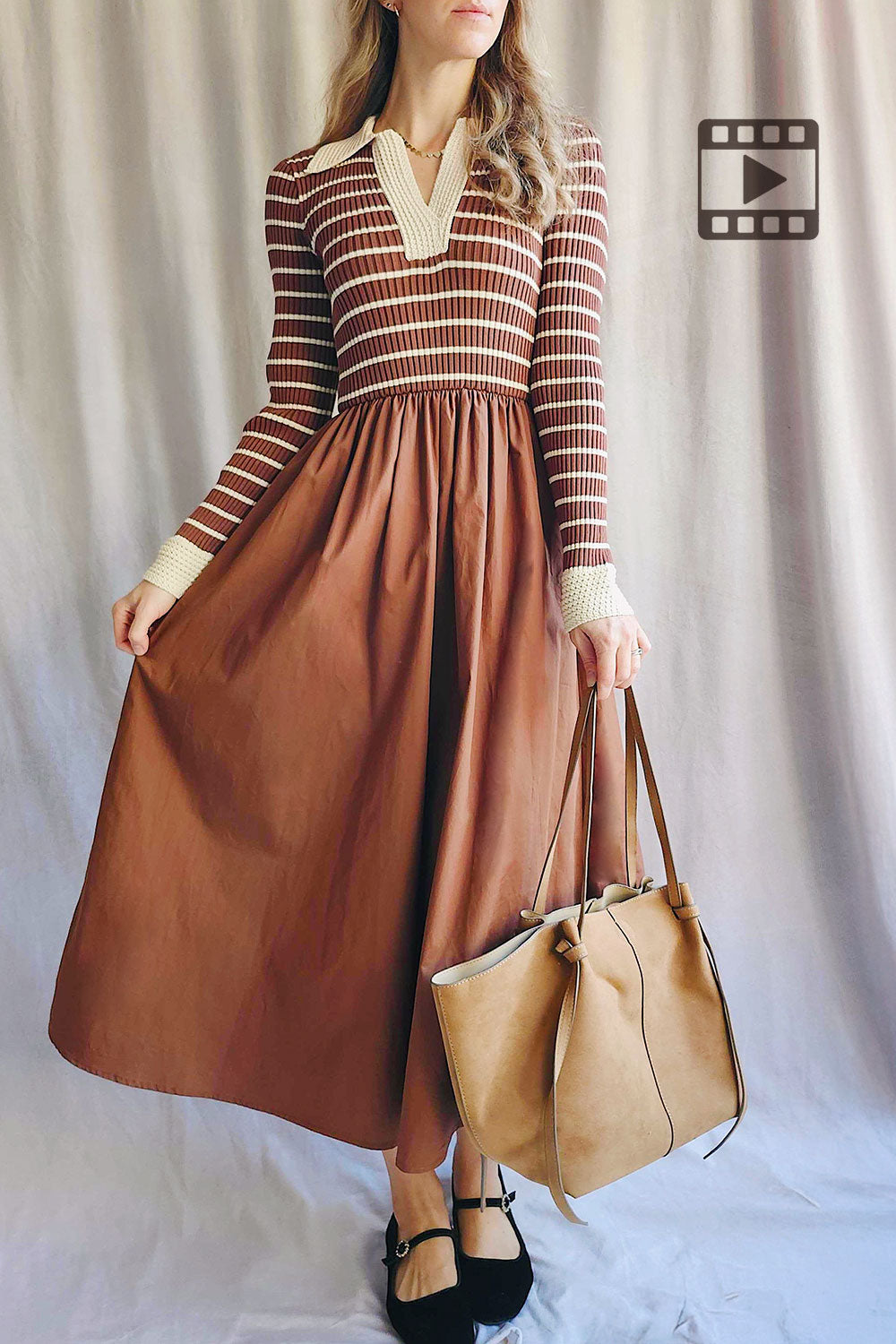 Person wearing Cayce Long Brown Striped Knit Dress from La petite garçonne