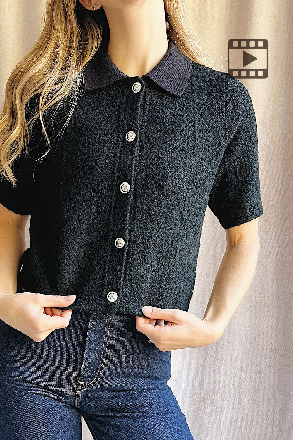 Photo of a Woman wearing Denton Black Short Sleeve Knit Top from La petite garçonne 