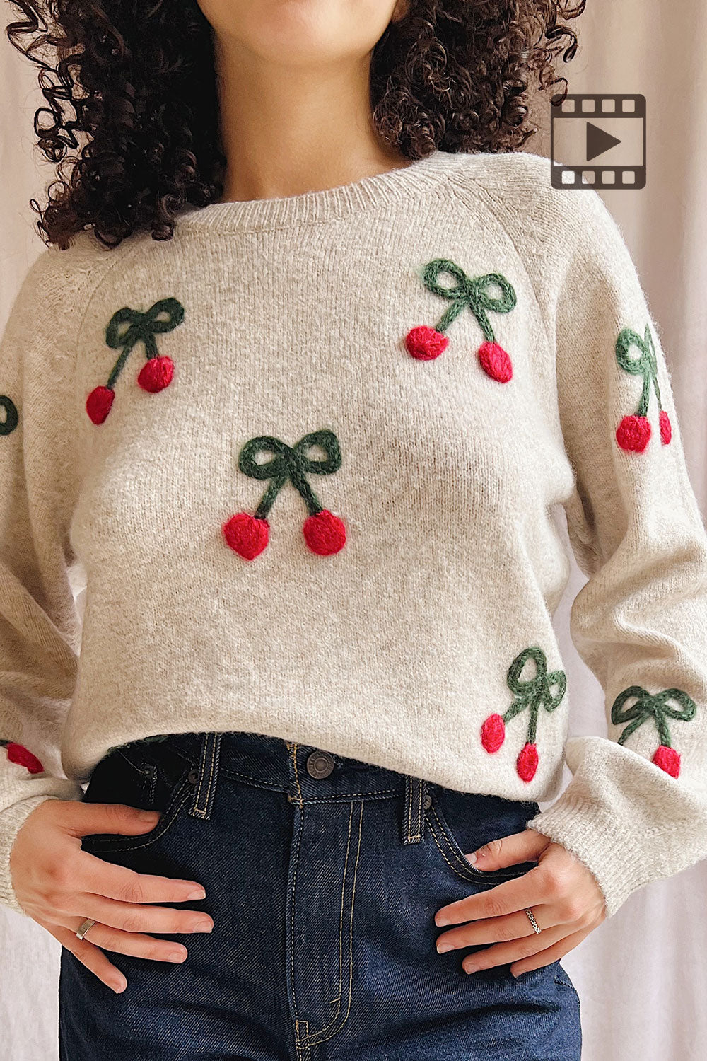 Person wearing Omaha Beige Sweater with Knitted Cherries from La petite garçonne 