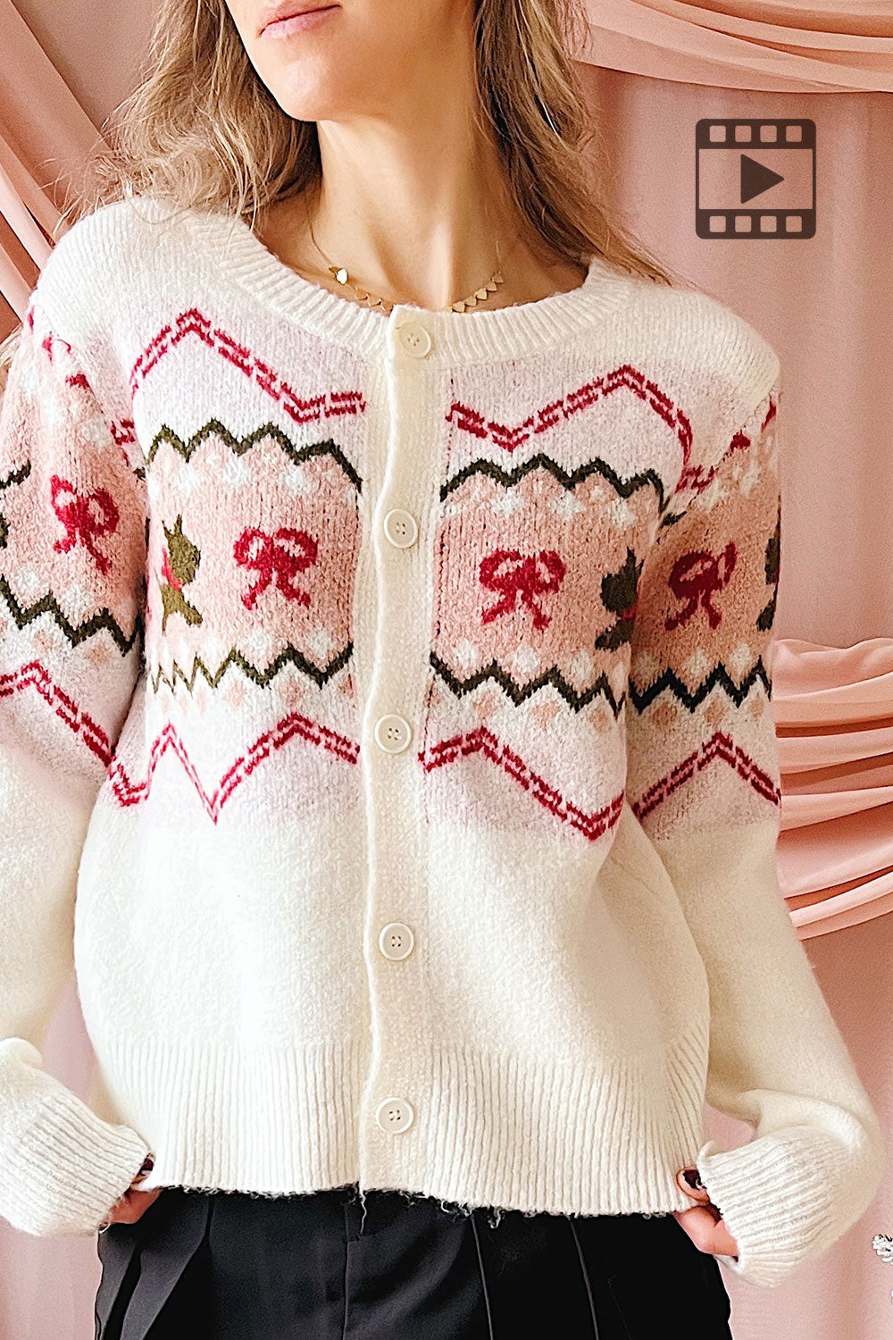 Woman wearing Vaelienne Fuzzy Christmas Cardigan from Boutique 1861