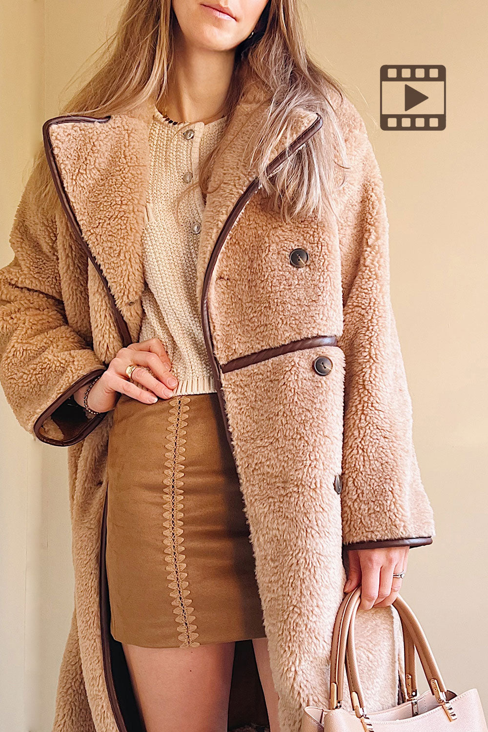 Woman wearing Loxton Short Brown Faux Suede Skirt from La petite garçonne 