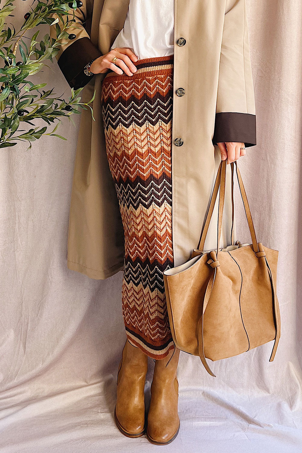 Person wearing Prehevil Long Knitted Herringbone Skirt from La petite garçonne 