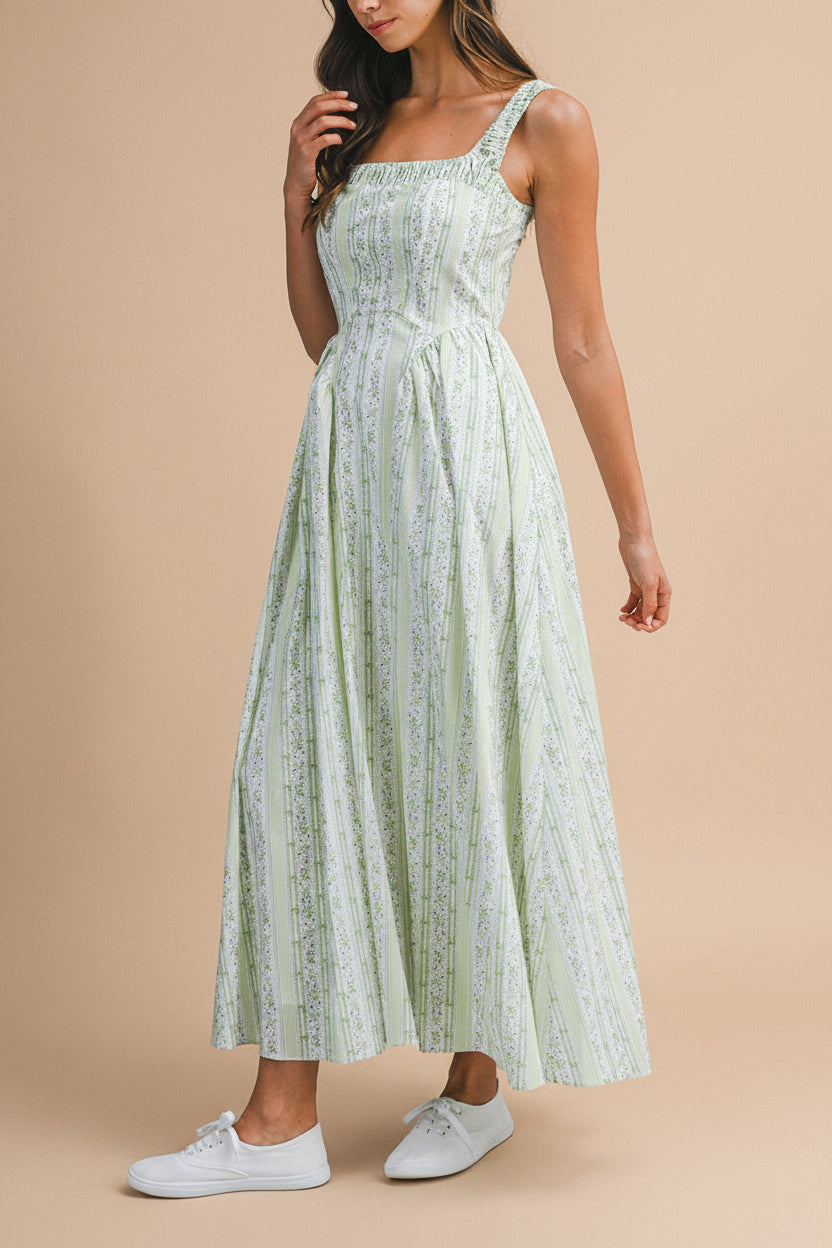 Daiko Green Floral A-Line Maxi Dress with Corset Bust | Boutique 1861 Daiko Green Floral A-Line Maxi Dress with Corset Bust | Boutique 1861
