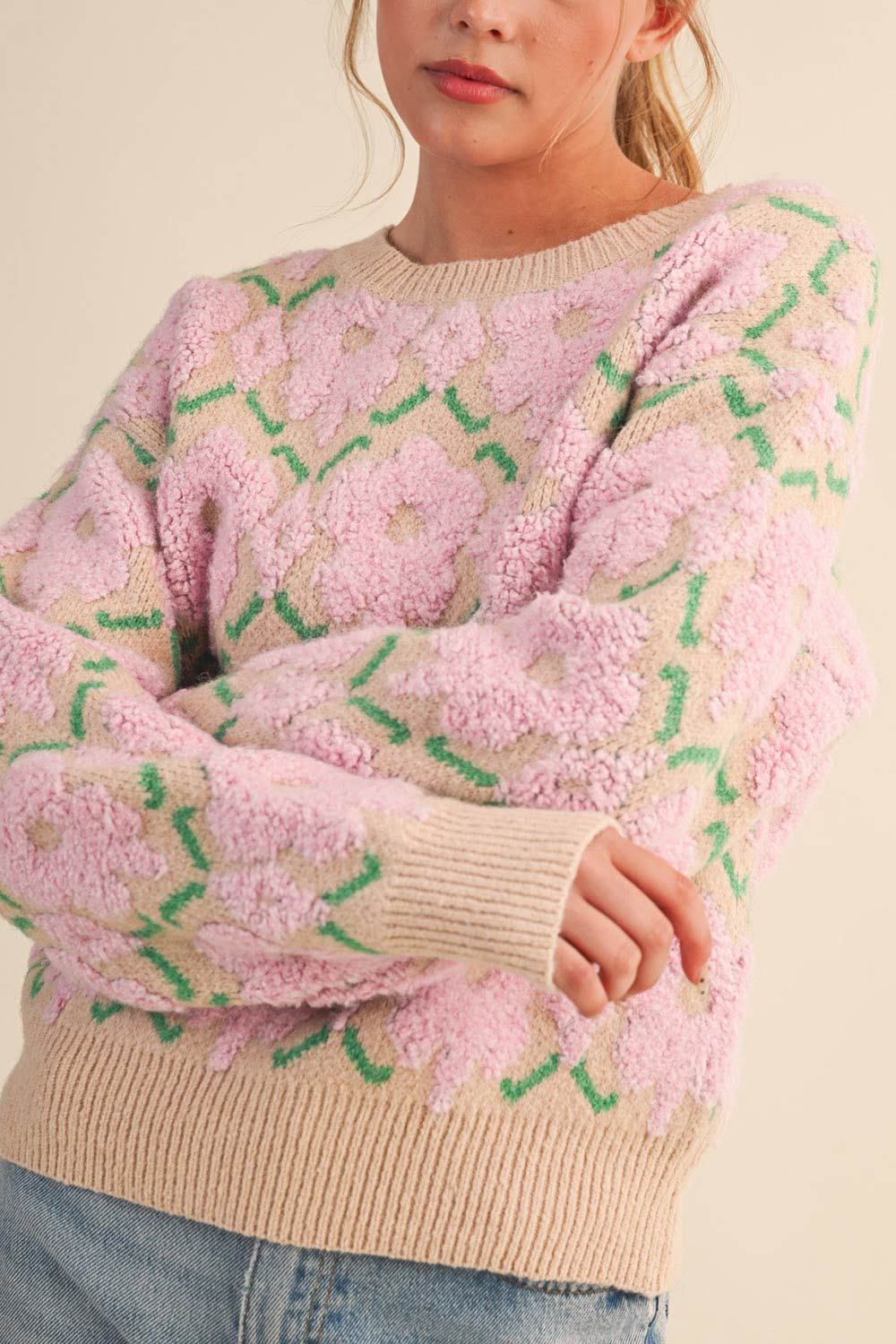 a woman wearing Dalhousie Beige Knit Sweater with Fuzzy Floral Pattern from La petite garçonne 