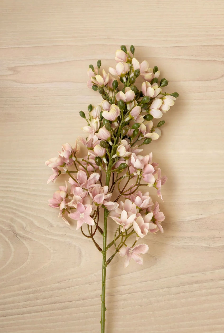 Delphinium Floral Stem in pink in a rustic white vase against a wood background