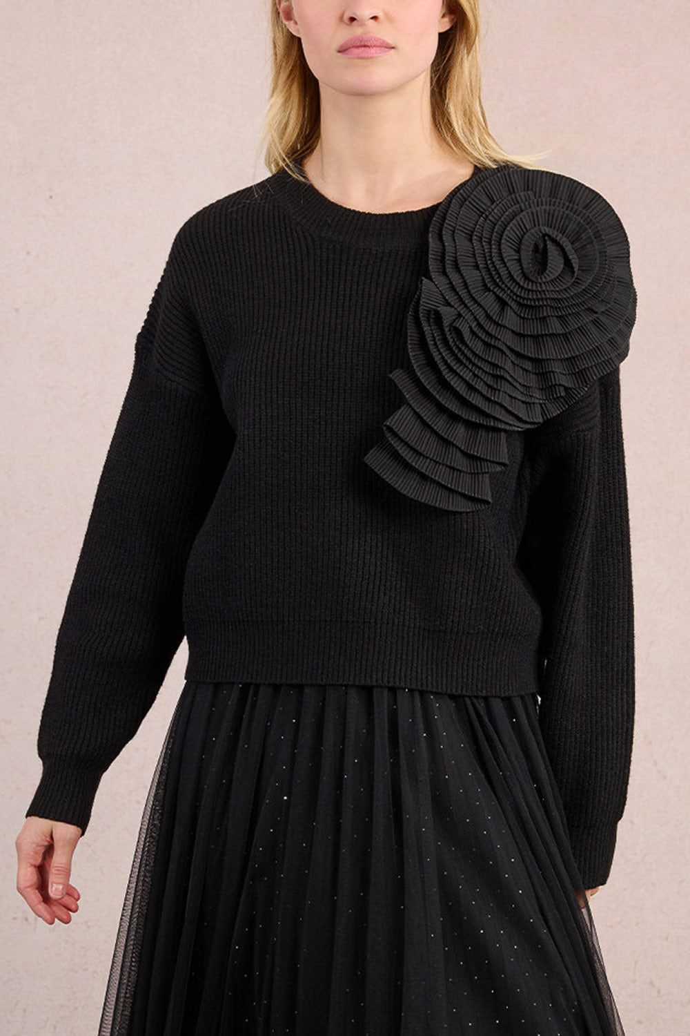 Dharapani Black Sweater with Pleated Flower | Boutique 1861 front model