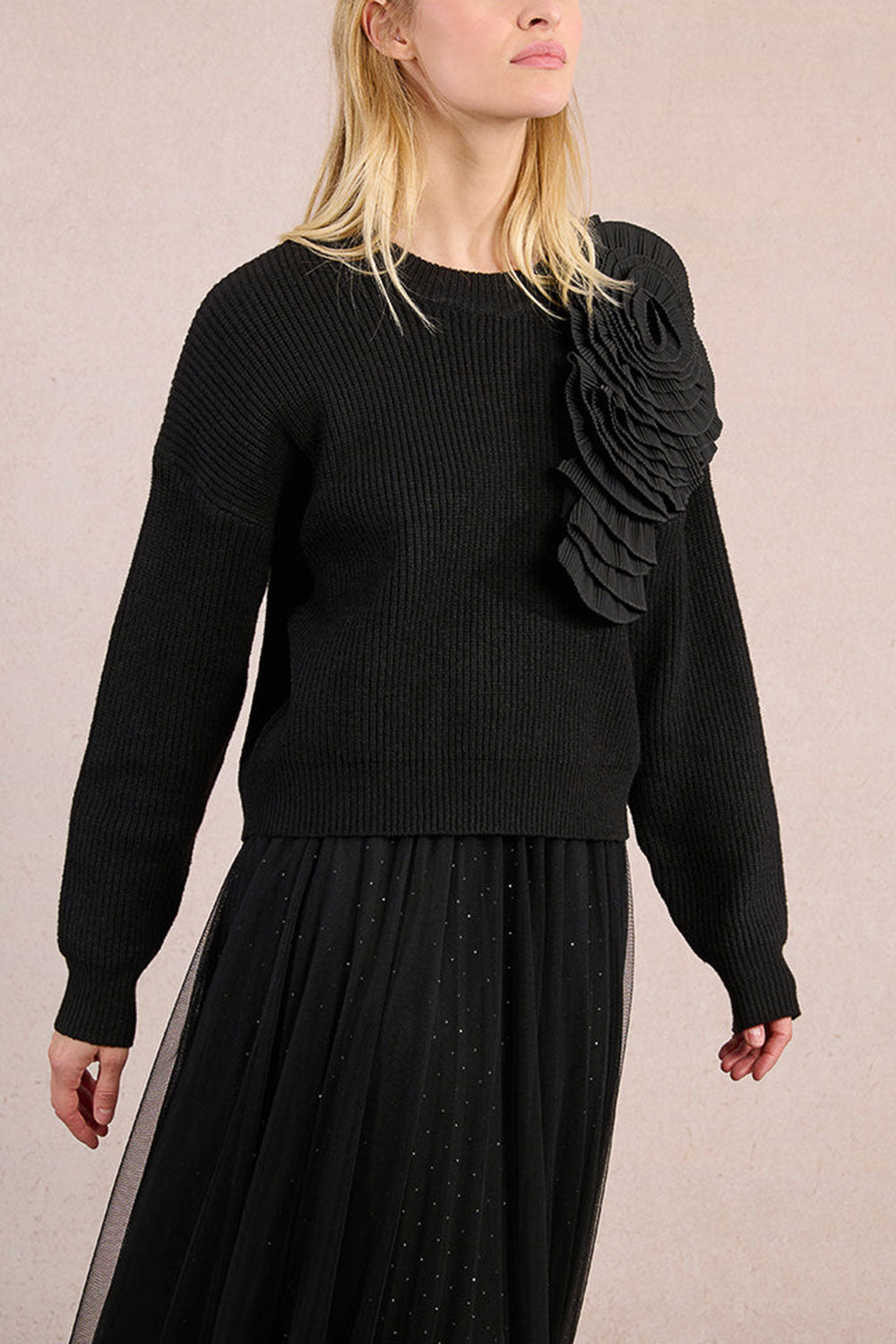 Dharapani Black Sweater with Pleated Flower | Boutique 1861 side model