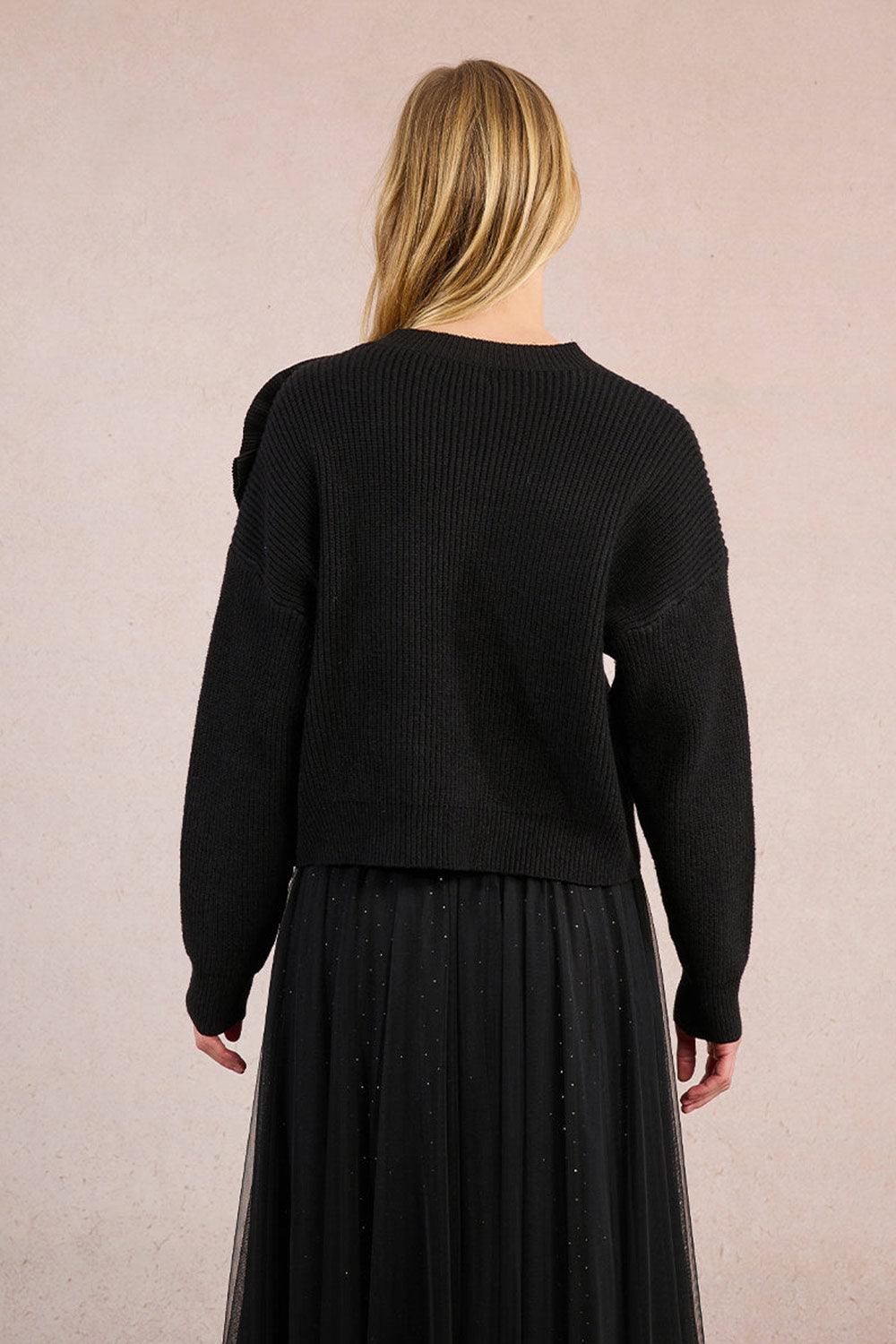Dharapani Black Sweater with Pleated Flower | Boutique 1861 back model