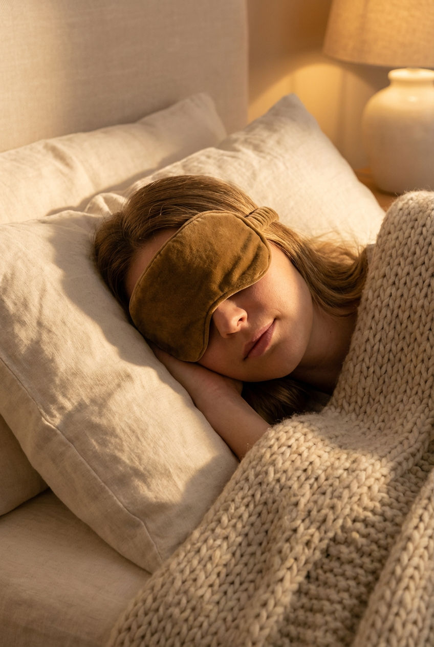 Woman sleeping with a brown sleep mask Doda from maison garçonne on a pillow in a cozy room.