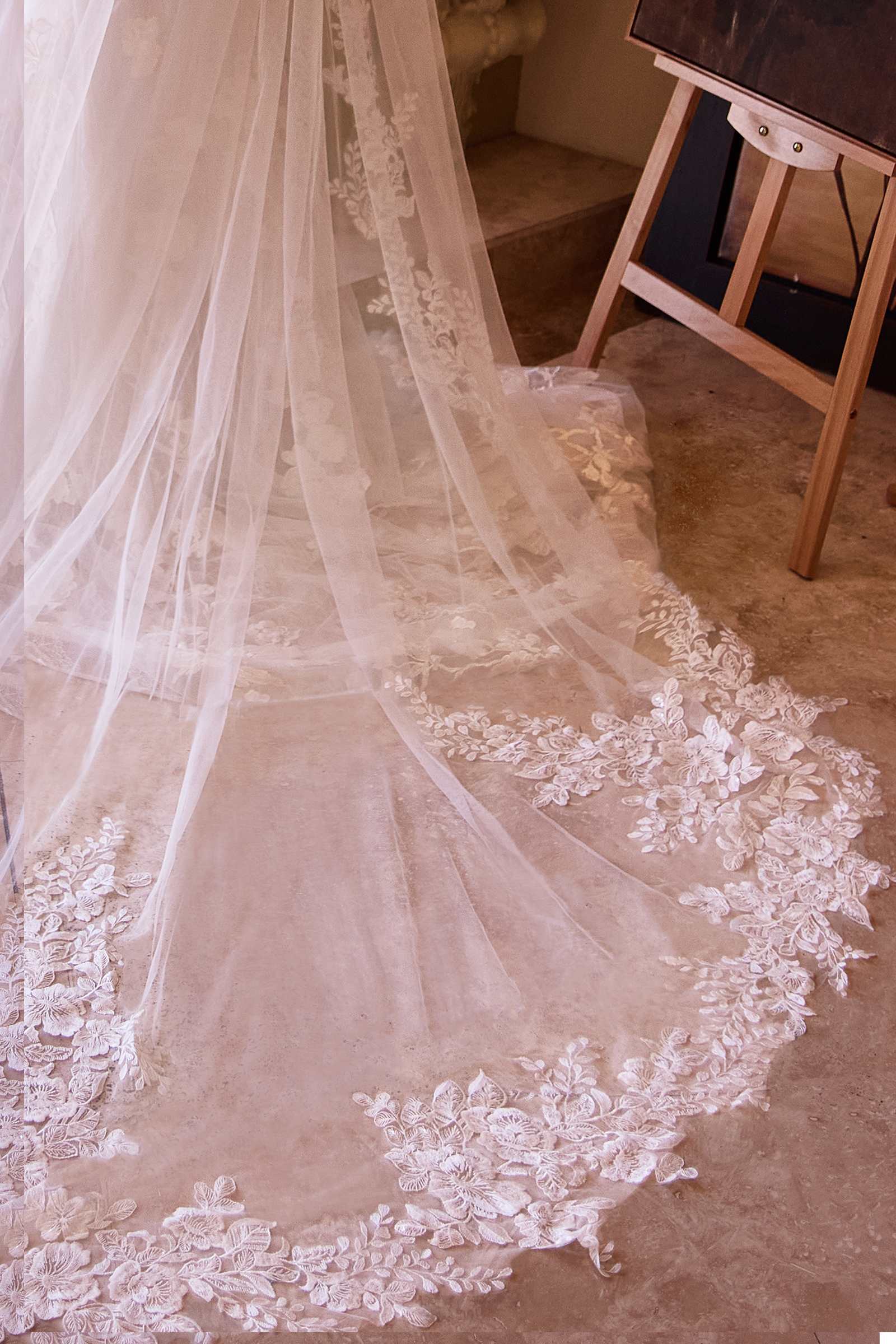 Close up of veil - Dolianna | Tulle Floor-Length Wedding Veil with Lace