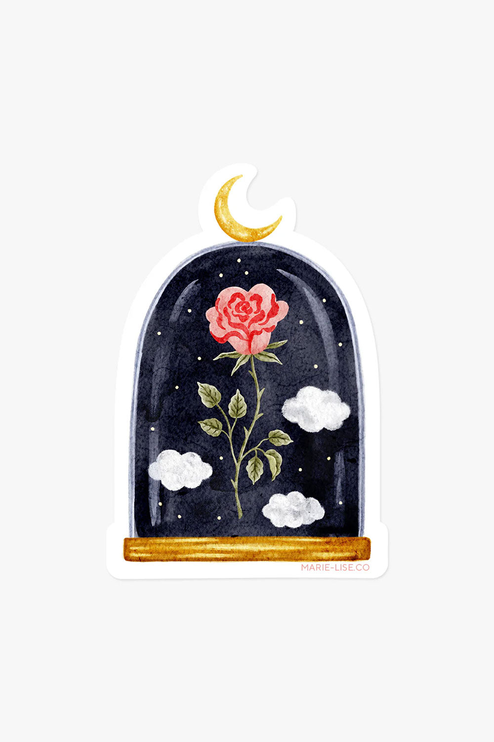 Decorative sticker with a rose inside a glass dome, moon, and clouds from Marie-Lise