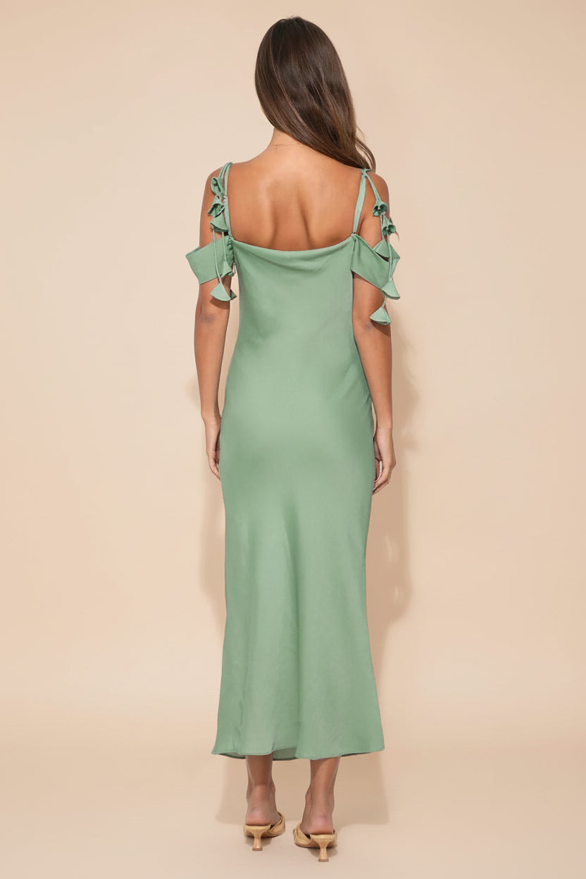 back of a woman wearing Donatella Off-the-Shoulder Green Midi Dress from Boutique 1861