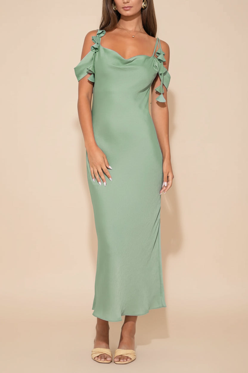 woman wearing Donatella Off-the-Shoulder Green Midi Dress from Boutique 1861