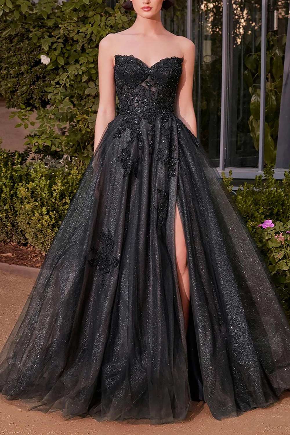 woman wearing Dulcia Black A-Line Dress with Sequins from Boutique 1861