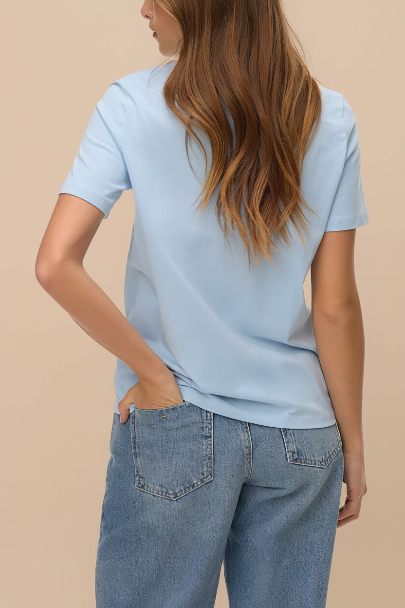 back of a woman wearing Dumka Light Blue Cotton T-Shirt with Short Sleeves from La petite garçonne