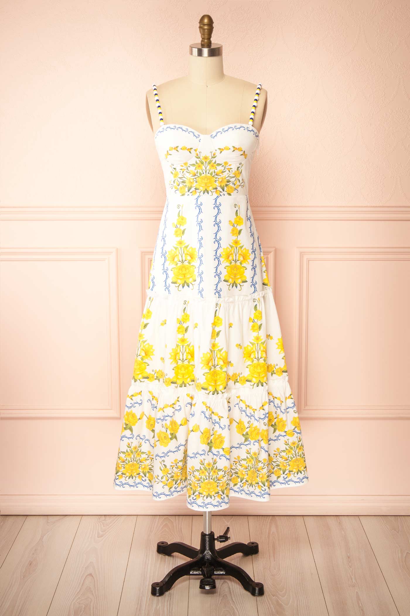 Delaine White Floral Print Midi Dress with Smocked Back | Boutique 1861 front view