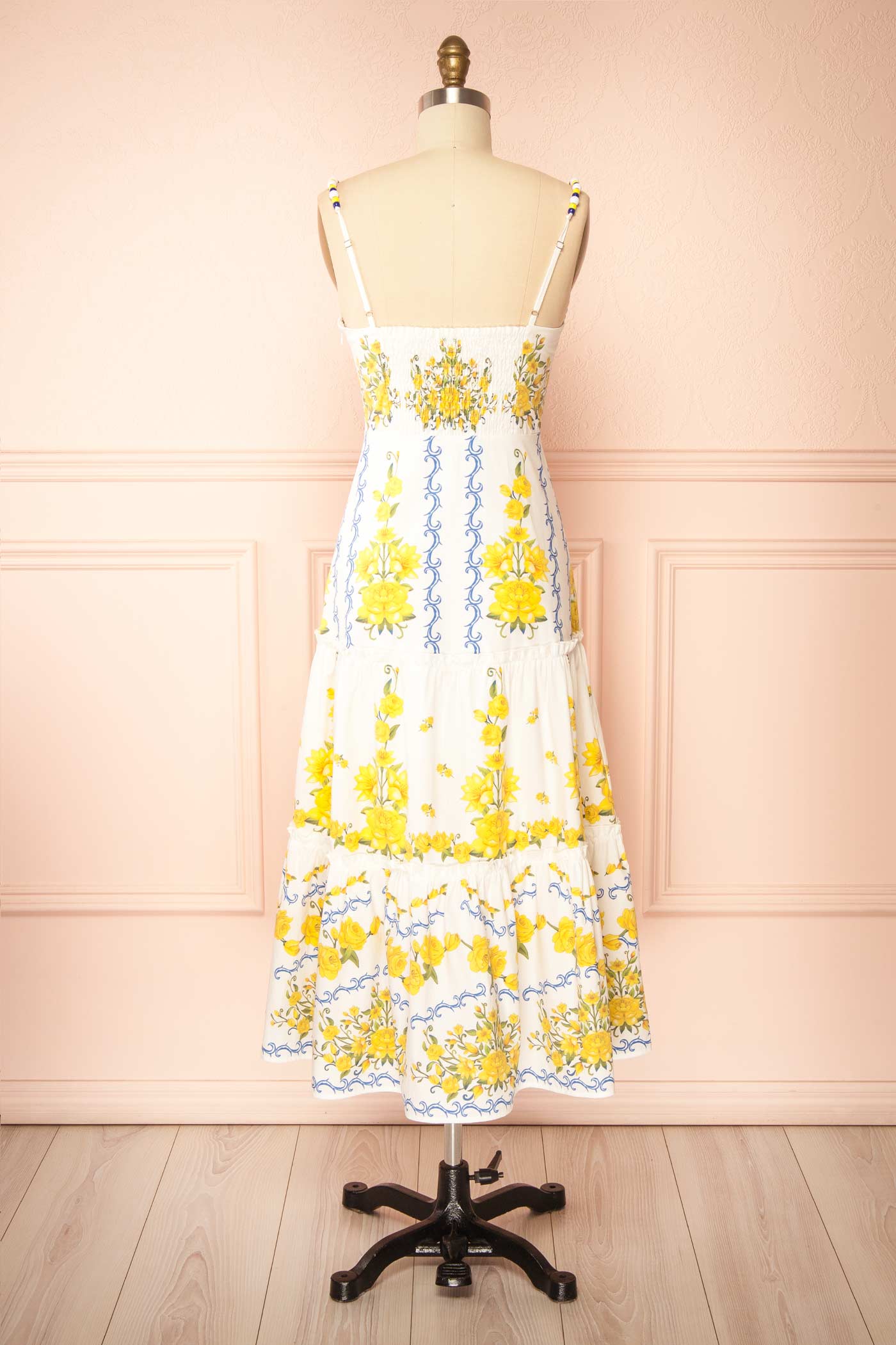 Delaine White Floral Print Midi Dress with Smocked Back | Boutique 1861 back view