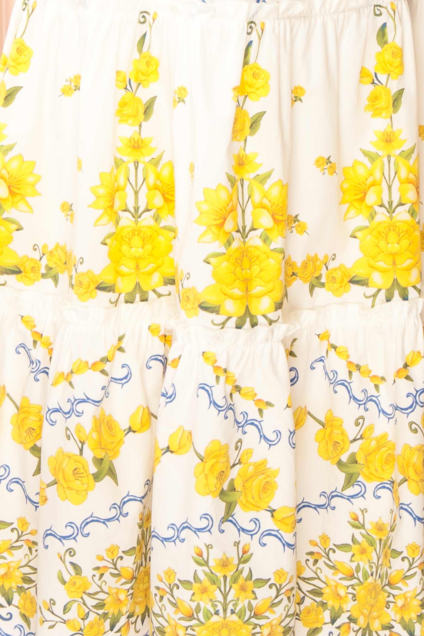 Delaine White Floral Print Midi Dress with Smocked Back | Boutique 1861 zoom-in detailed pattern