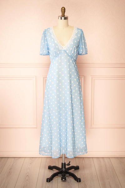Delima Blue Polka Dot Lace-Trim V-Neck Midi Dress | Boutique 1861