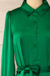 Doha Green Satin Midi Dress w/ Belt | La petite garçonne  front close-up