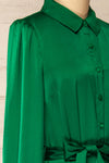 Doha Green Satin Midi Dress w/ Belt | La petite garçonne  side close-up