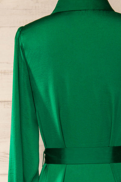 Doha Green Satin Midi Dress w/ Belt | La petite garçonne  back close-up