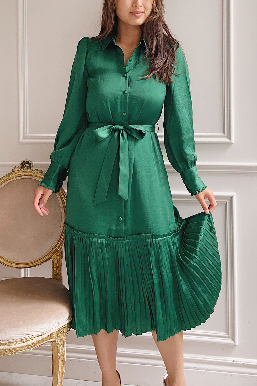 Doha Green Satin Midi Dress w/ Belt | La petite garçonne on model