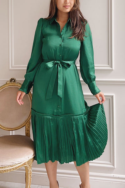 Doha Green Satin Midi Dress w/ Belt | La petite garçonne on model