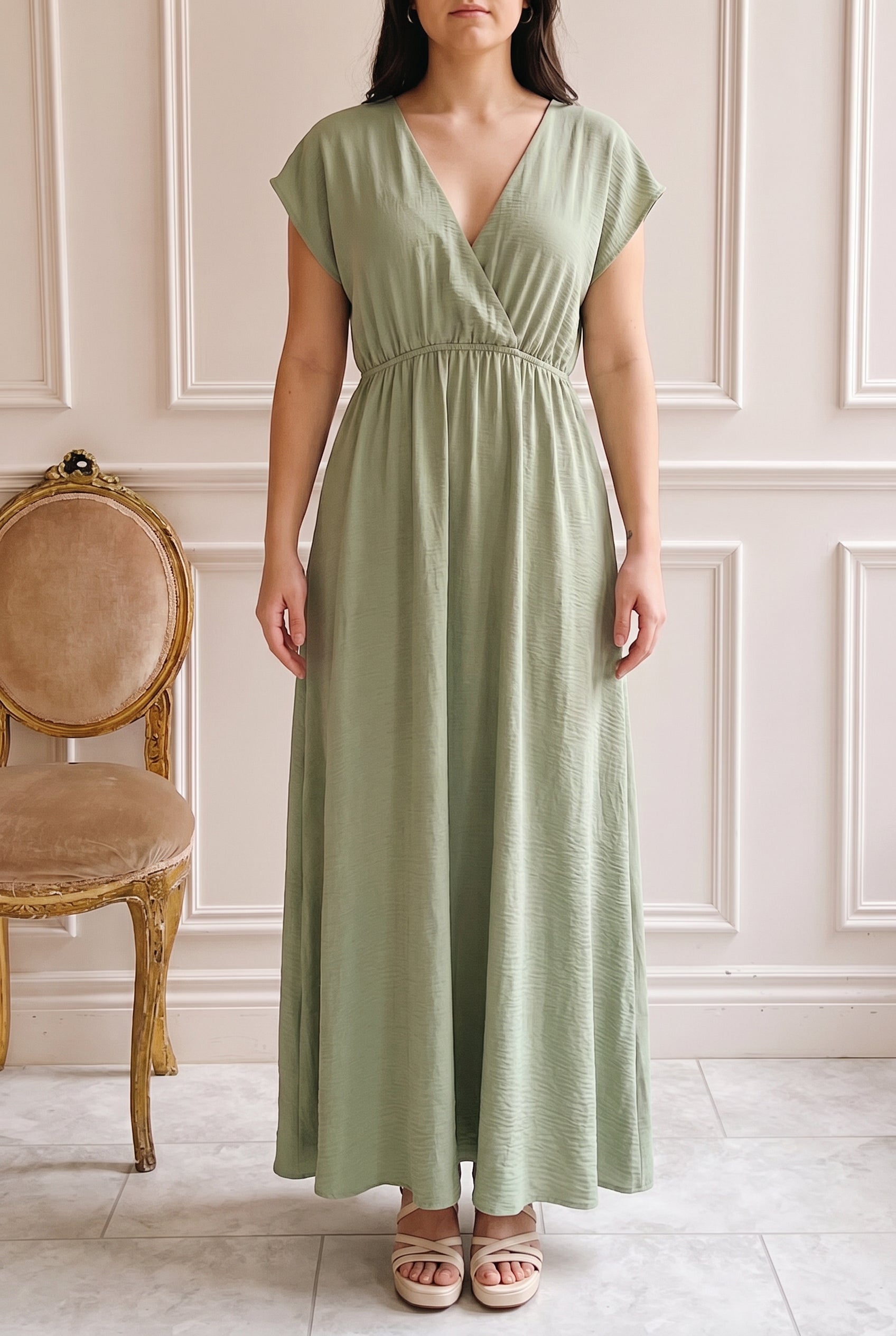 woman wearing Close-up Cambrie Sage Maxi Dress with V-Neck at la boutique 1861