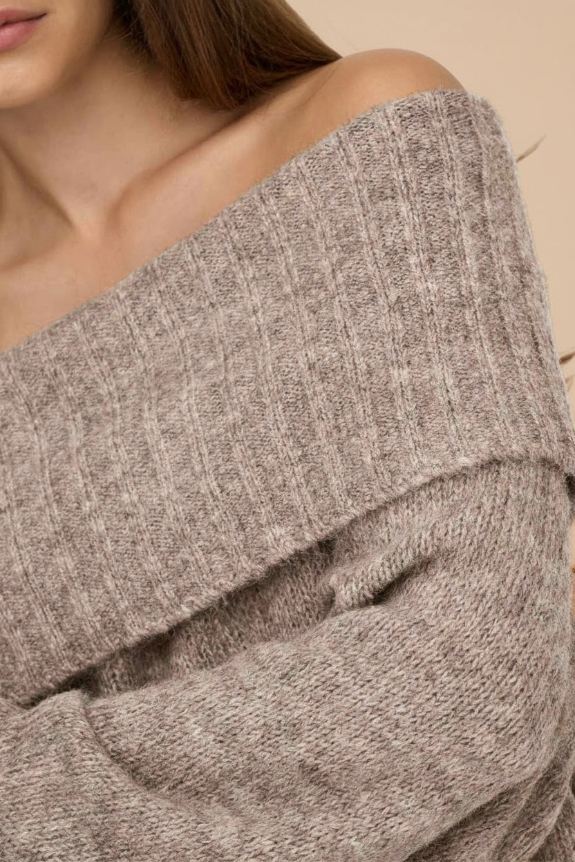  Edfou Taupe Oversized Off-Shoulder Sweater | La petite garçonne close-up model