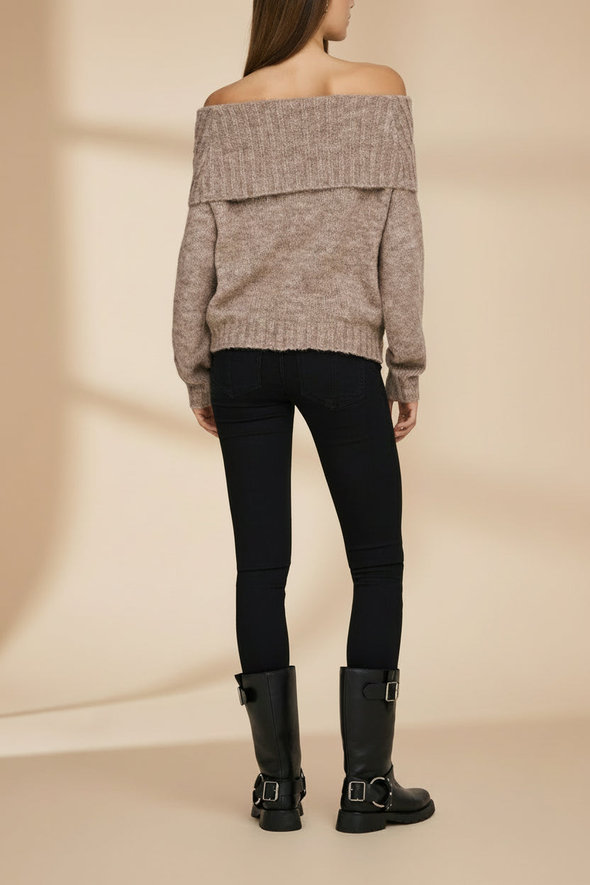  Edfou Taupe Oversized Off-Shoulder Sweater | La petite garçonne back model