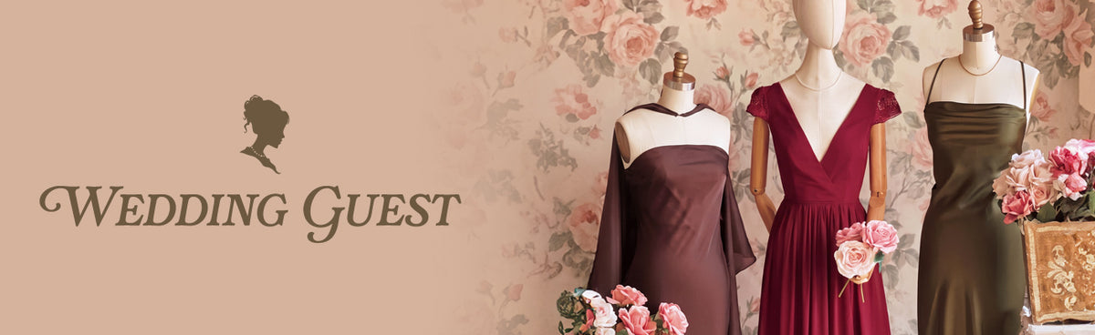 Burgundy, brown and olive green wedding guest dresses