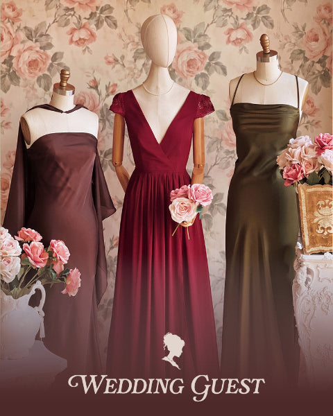 Burgundy, brown and olive green maxi dresses for wedding guests