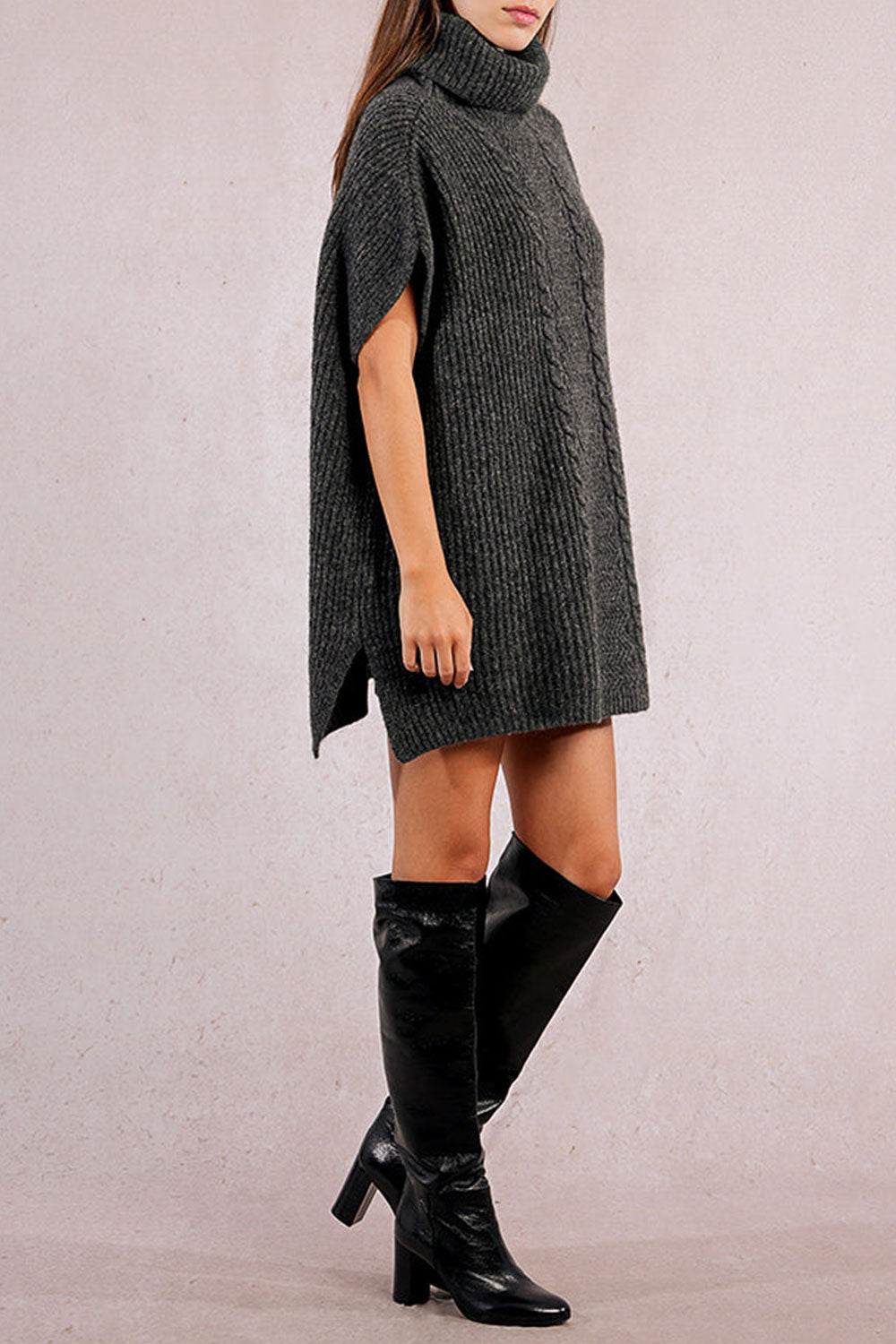 woman wearing Erzurum Grey Knit Turtleneck Poncho | La petite garçonne side view