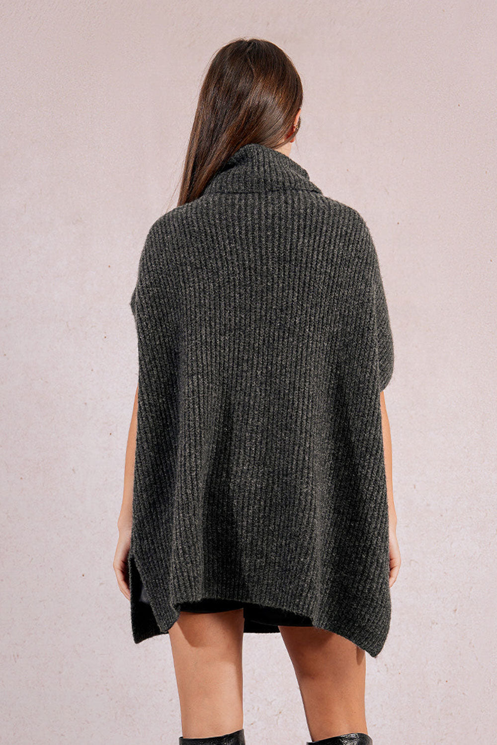 woman wearing Erzurum Grey Knit Turtleneck Poncho | La petite garçonne back view